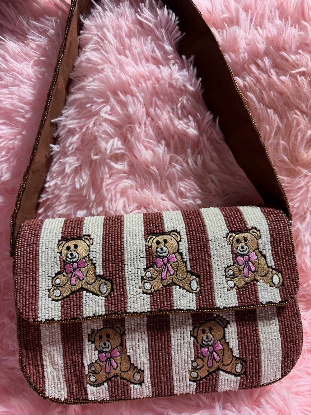 Francesca's Collections Brown & Cream Striped Teddy Bear Beaded Shoulder Bag